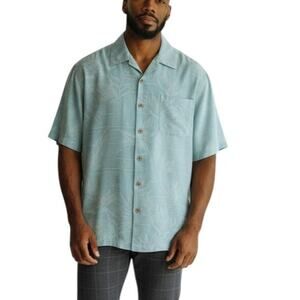 TOMMY BAHAMA Camp Shirt Silk Men XL Palm Tree Print Teal Green Short Sleeve